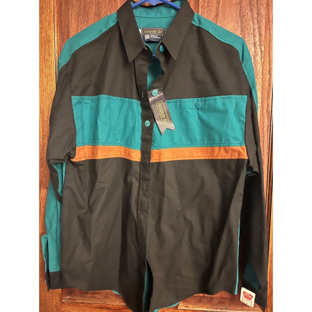 Panhandle Slim Vintage Western Shirt Mens Med Teal Black Colorblock NOS VNTG 80s